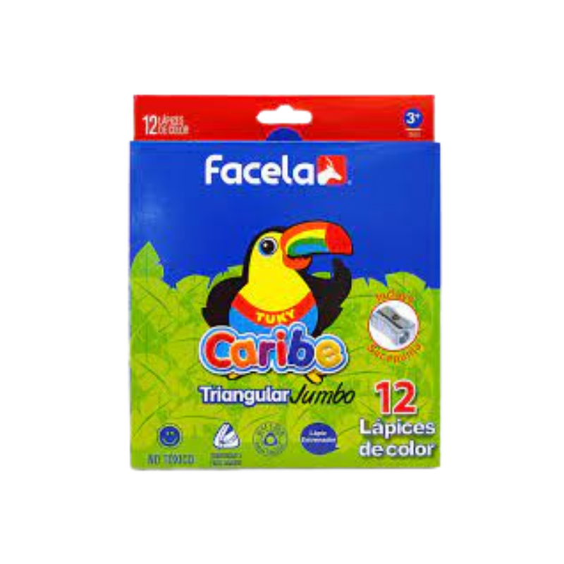 LÁPIZ DE COLOR LARGO CARTON TRIANGULAR JUMBO CARIBE 12