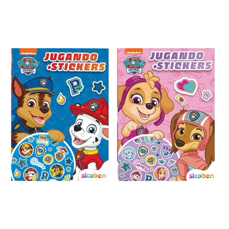 JUGANDO + STICKERS PAW PATROL PINK & BLUE27X20CM 24 PAG + 1 STICKERS SICOBEN