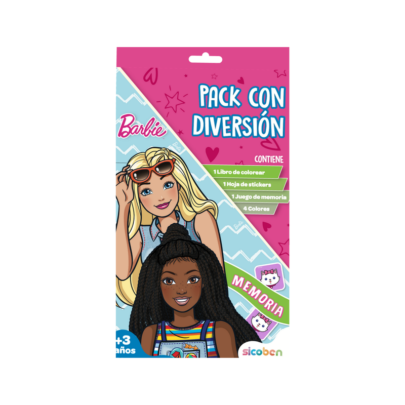 PAQUETE BARBIE 1 LIBRO DE COLOREAR, 1 PAG DE STICKERS, 1 JUEGO DE MEMORIA, 4 COLORES SICOBEN