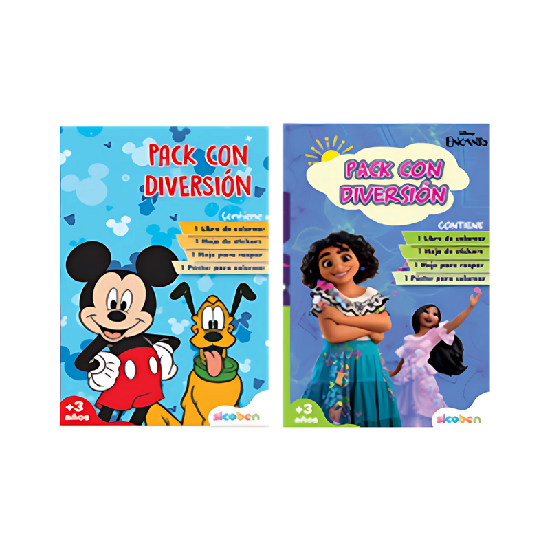 PAQUETE ENCANTO Y MICKEY 1 LIBRO DE COLOREAR, 1 HOJA STICKERS, 1 HOJA SCRACHT, 1 POSTER, 4 COLORES SICOBEN